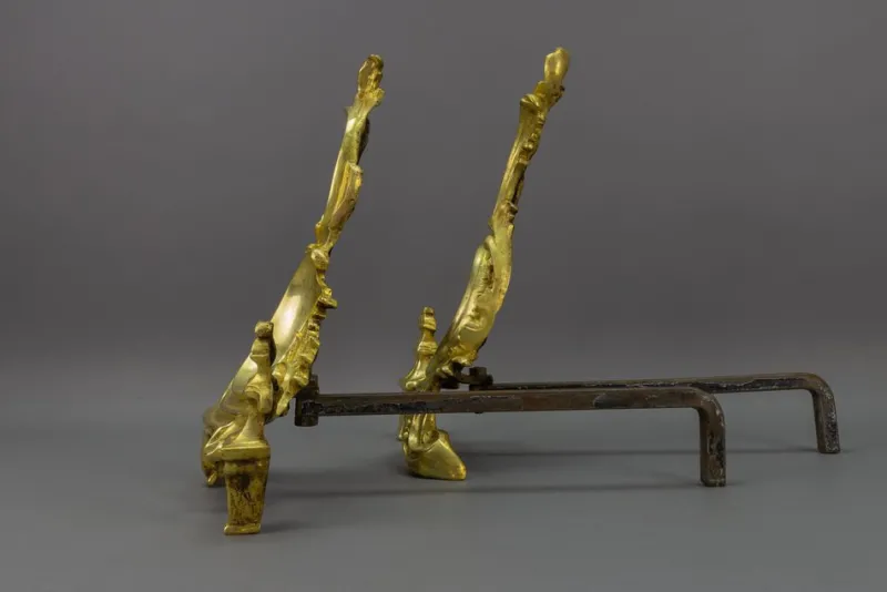 Pamono French Rococo Style Gilt Bronze and Iron Firedogs, 1890s, Set of 2> Fireplaces And Mantels