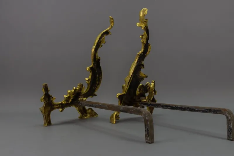 Pamono French Rococo Style Gilt Bronze and Iron Firedogs, 1890s, Set of 2> Fireplaces And Mantels
