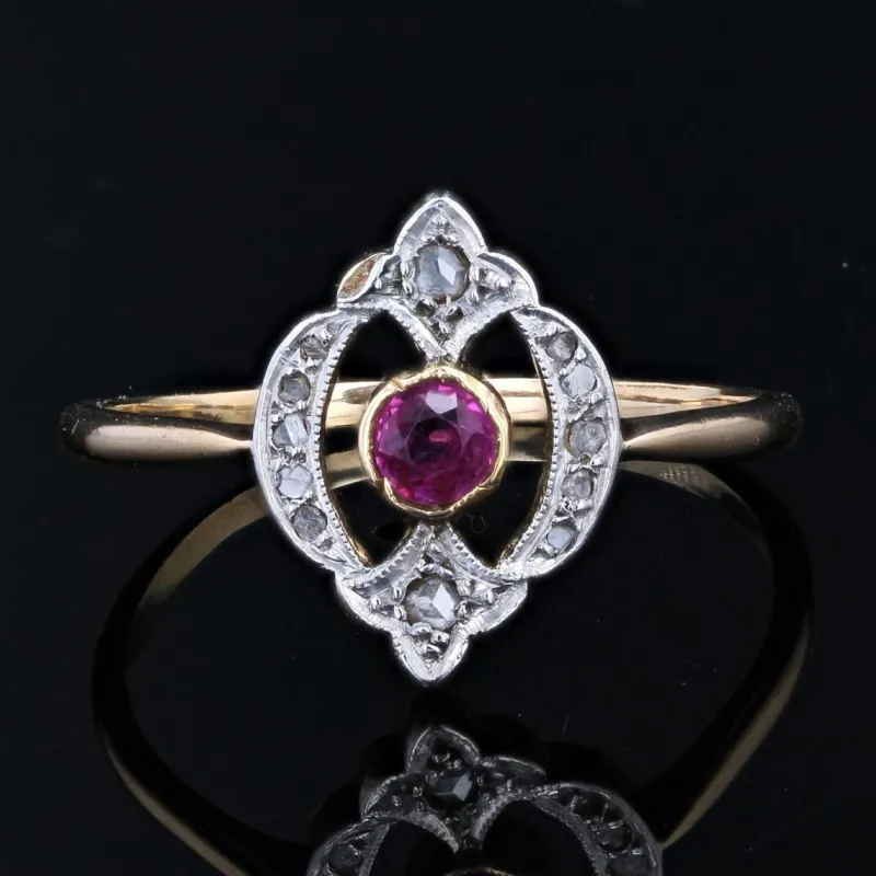 Pamono French Rubies and Diamonds Ring in 18 Karat Yellow Gold> Rings