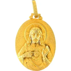 Pamono French Sacred Heart Madonna and Child 18k Yellow Gold Medal Pendant from Perriat, 1930s> Necklaces