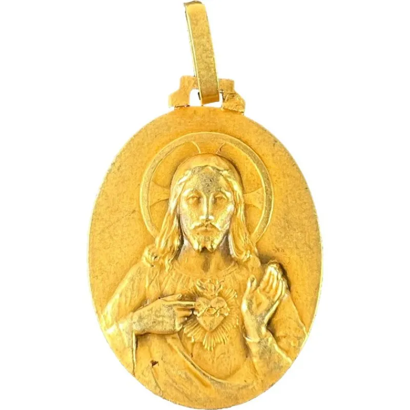 Pamono French Sacred Heart Madonna and Child 18k Yellow Gold Medal Pendant from Perriat, 1930s> Necklaces
