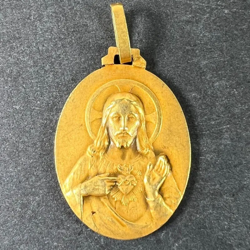 Pamono French Sacred Heart Madonna and Child 18k Yellow Gold Medal Pendant from Perriat, 1930s> Necklaces