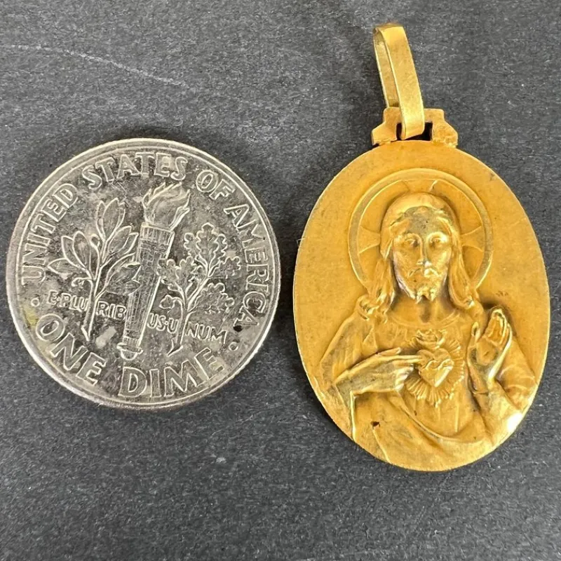 Pamono French Sacred Heart Madonna and Child 18k Yellow Gold Medal Pendant from Perriat, 1930s> Necklaces