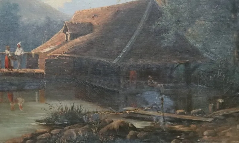 Pamono French School Artist, Le Lavoir, Oil on Canvas, 19th Century, Framed> Classical