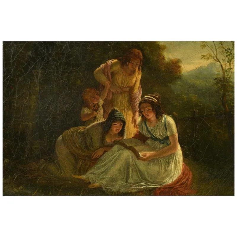 Pamono French School Artist, Reading in the Woods, Late 18th Century, Oil Painting, Framed> Old Masters