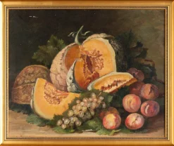 Hot Pamono French School Artist, Still Life with Melon & Peaches, Oil Painting on Canvas, Early 20th Century, Framed
