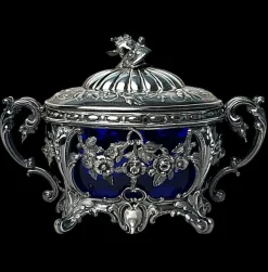 Best Pamono French Silver Sugar Bowl with Cobalt Blue Glass, 1840s