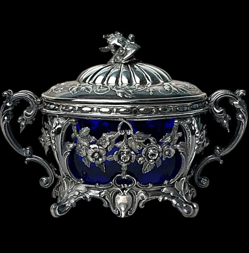 Best Pamono French Silver Sugar Bowl with Cobalt Blue Glass, 1840s