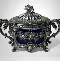 Best Pamono French Silver Sugar Bowl with Cobalt Blue Glass, 1840s