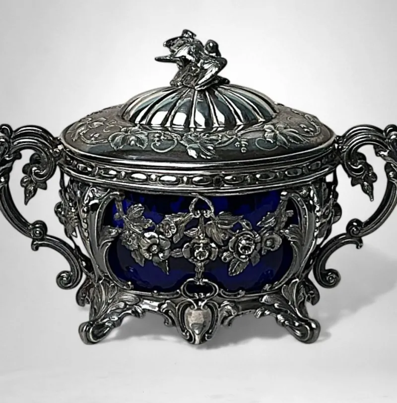 Best Pamono French Silver Sugar Bowl with Cobalt Blue Glass, 1840s
