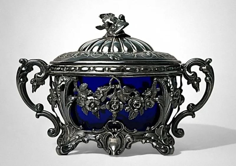 Best Pamono French Silver Sugar Bowl with Cobalt Blue Glass, 1840s