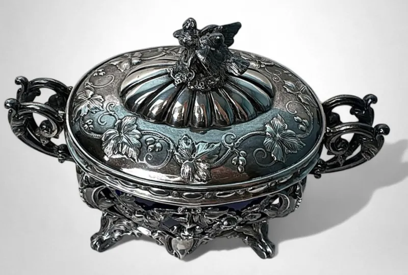 Best Pamono French Silver Sugar Bowl with Cobalt Blue Glass, 1840s