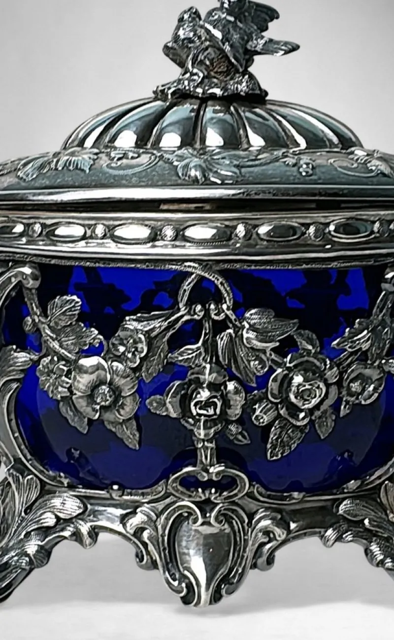 Best Pamono French Silver Sugar Bowl with Cobalt Blue Glass, 1840s
