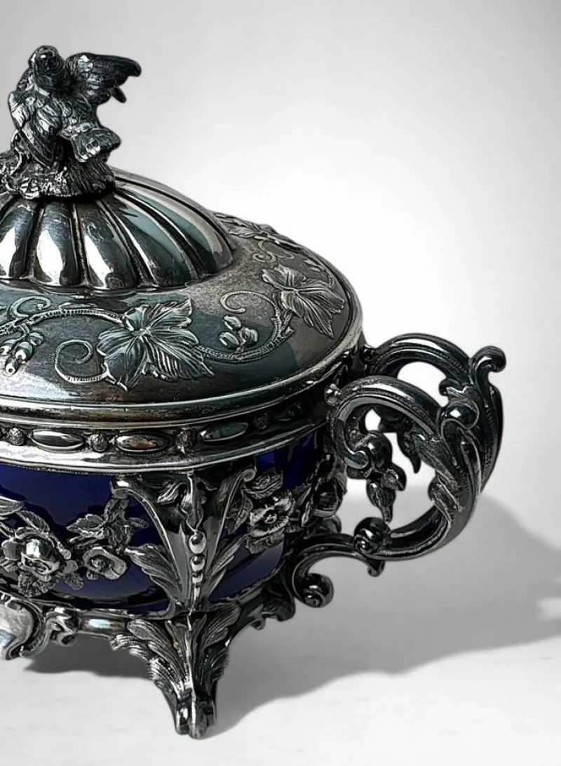 Best Pamono French Silver Sugar Bowl with Cobalt Blue Glass, 1840s