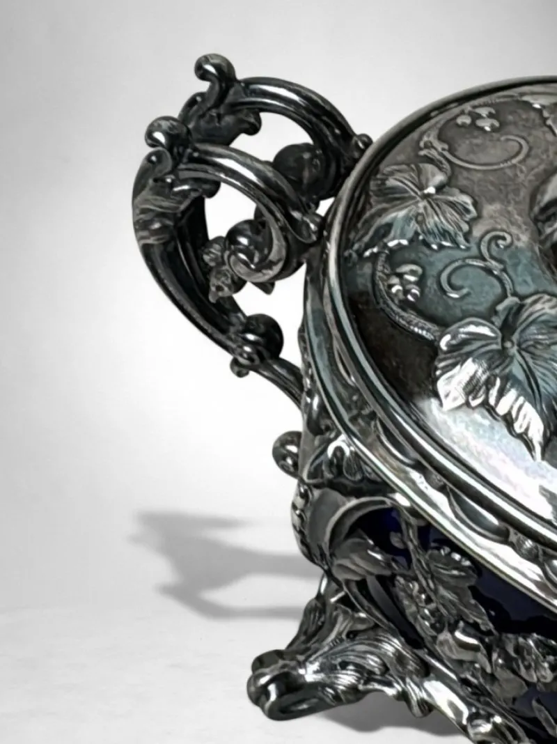 Best Pamono French Silver Sugar Bowl with Cobalt Blue Glass, 1840s