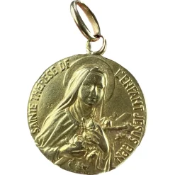 Pamono French St Therese 18k Yellow Gold Religious Medal Pendant, 1920s> Necklaces
