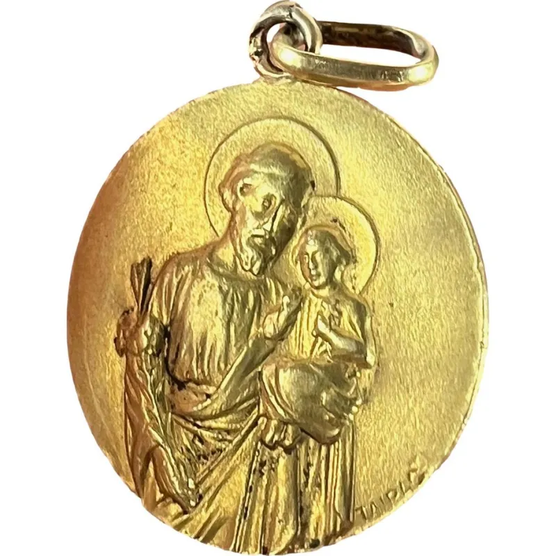 Clearance Pamono French Tairac Saint Joseph and Jesus 18k Yellow Gold Medal Pendant, 1890s