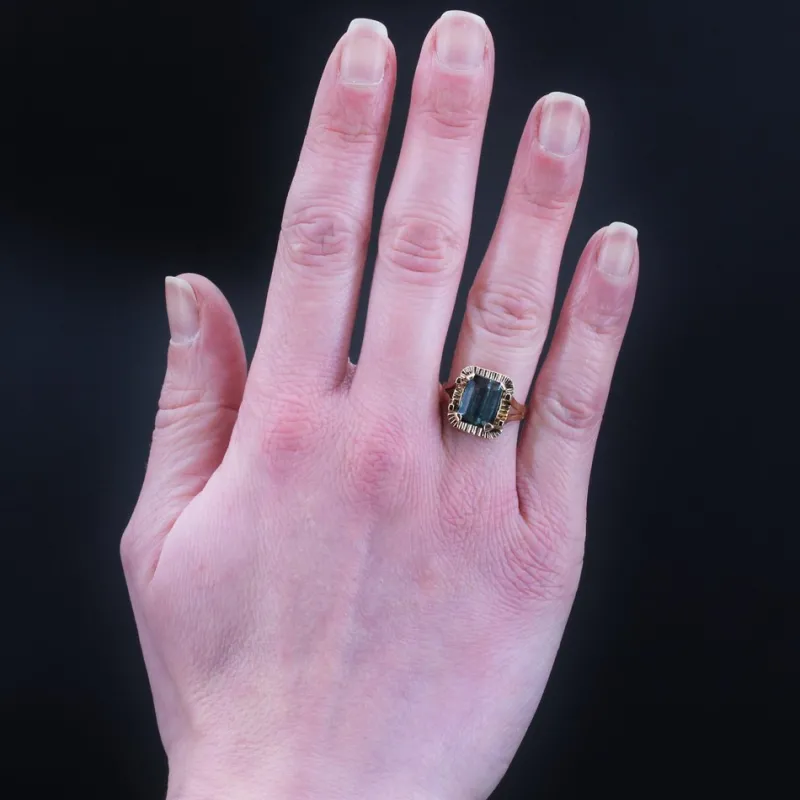 New Pamono French Tourmaline Indigolite Ring in 18 Karat Rose Gold, 1960s