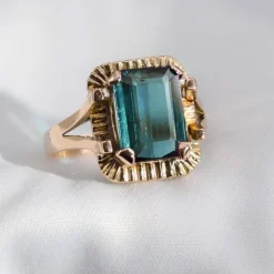 New Pamono French Tourmaline Indigolite Ring in 18 Karat Rose Gold, 1960s
