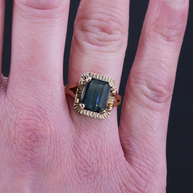 New Pamono French Tourmaline Indigolite Ring in 18 Karat Rose Gold, 1960s
