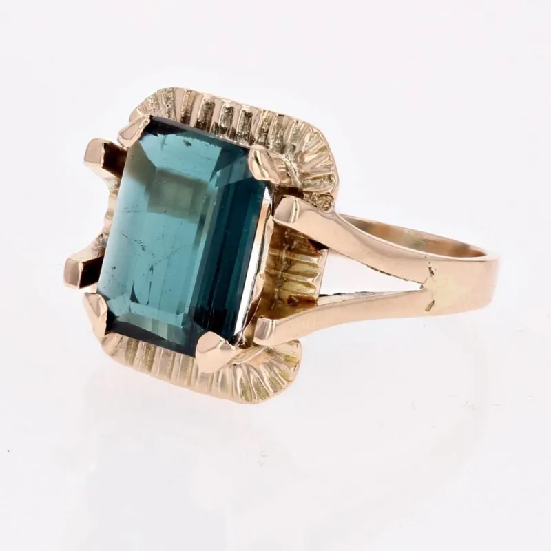 New Pamono French Tourmaline Indigolite Ring in 18 Karat Rose Gold, 1960s