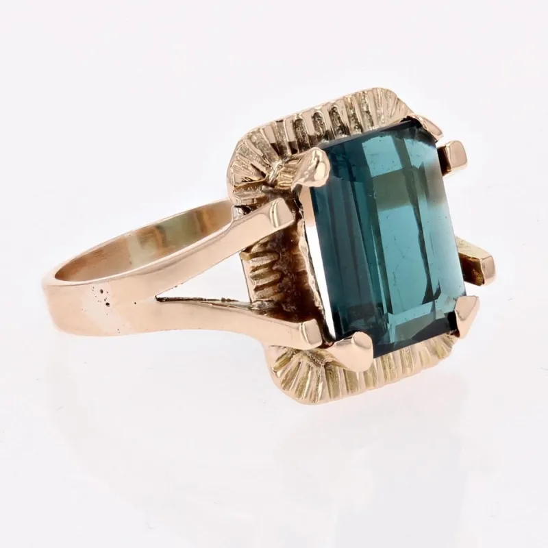 New Pamono French Tourmaline Indigolite Ring in 18 Karat Rose Gold, 1960s
