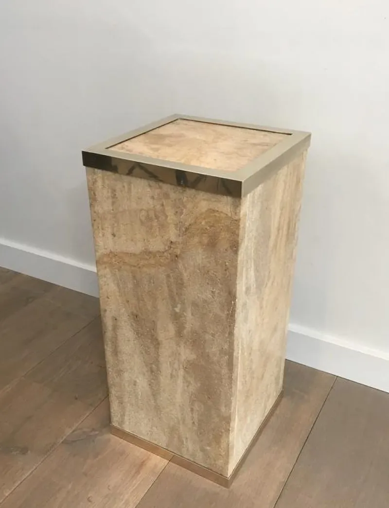 Pamono French Travertine & Brass Column, 1970s> Pedestals And Columns
