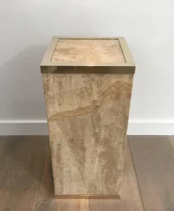 Pamono French Travertine & Brass Column, 1970s> Pedestals And Columns