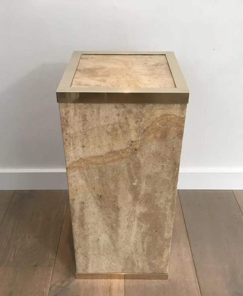 Pamono French Travertine & Brass Column, 1970s> Pedestals And Columns