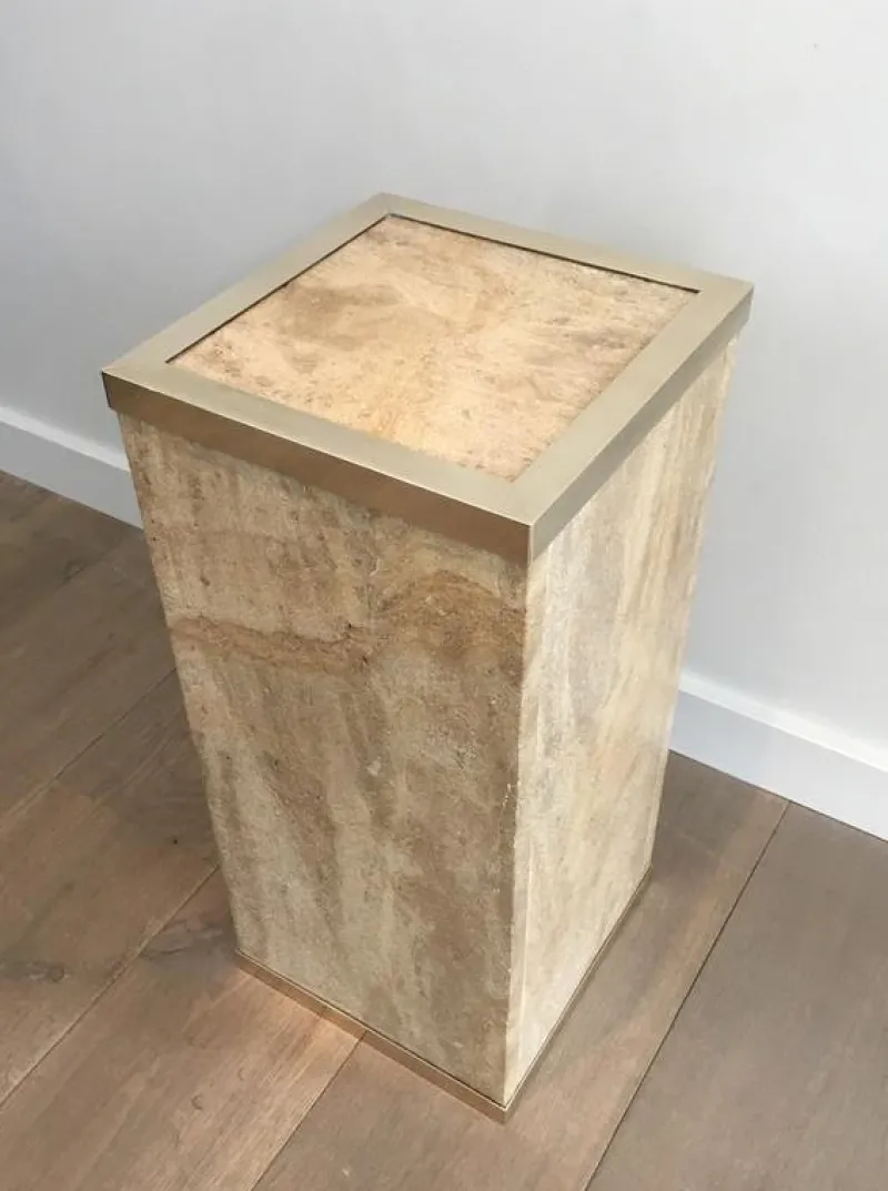 Pamono French Travertine & Brass Column, 1970s> Pedestals And Columns