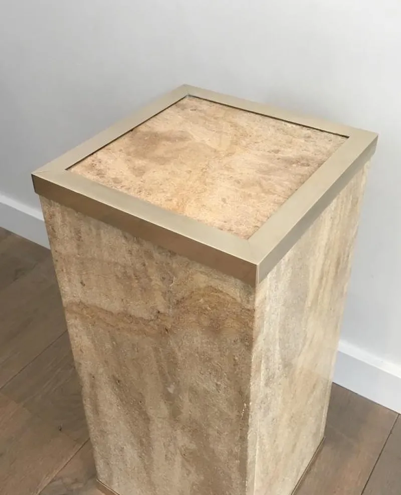 Pamono French Travertine & Brass Column, 1970s> Pedestals And Columns
