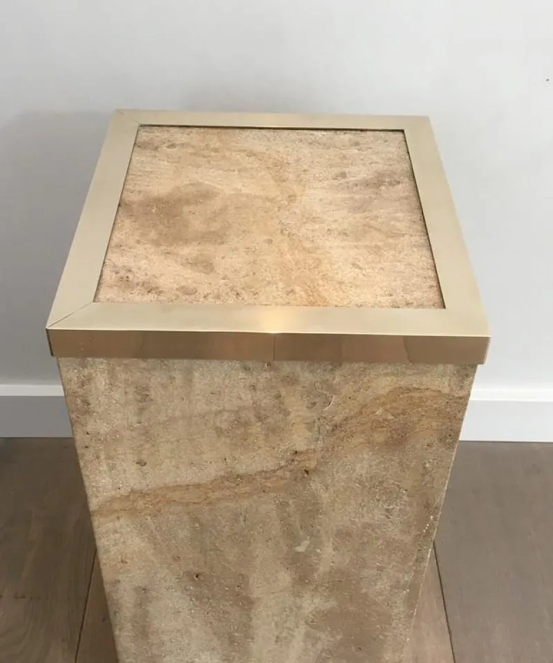 Pamono French Travertine & Brass Column, 1970s> Pedestals And Columns
