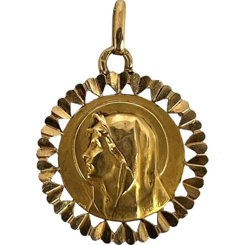 Clearance Pamono French Virgin Mary Heart Frame 18k Yellow Gold Medal Charm Pendant by Perroud, 1940s