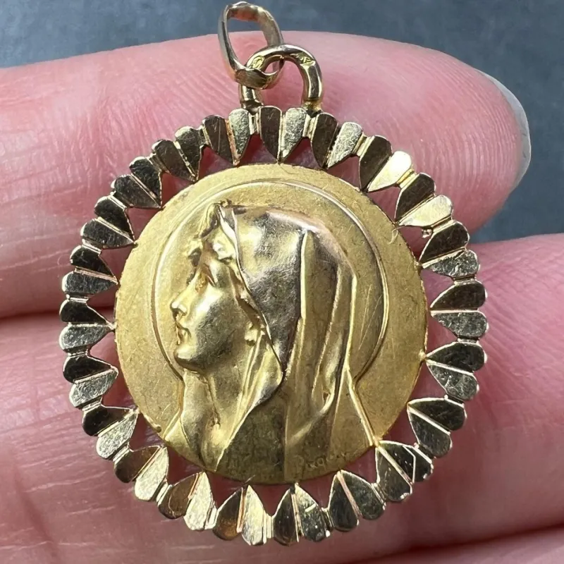 Clearance Pamono French Virgin Mary Heart Frame 18k Yellow Gold Medal Charm Pendant by Perroud, 1940s