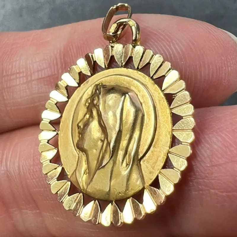 Clearance Pamono French Virgin Mary Heart Frame 18k Yellow Gold Medal Charm Pendant by Perroud, 1940s