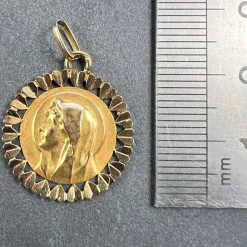 Clearance Pamono French Virgin Mary Heart Frame 18k Yellow Gold Medal Charm Pendant by Perroud, 1940s