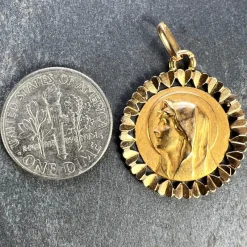 Clearance Pamono French Virgin Mary Heart Frame 18k Yellow Gold Medal Charm Pendant by Perroud, 1940s