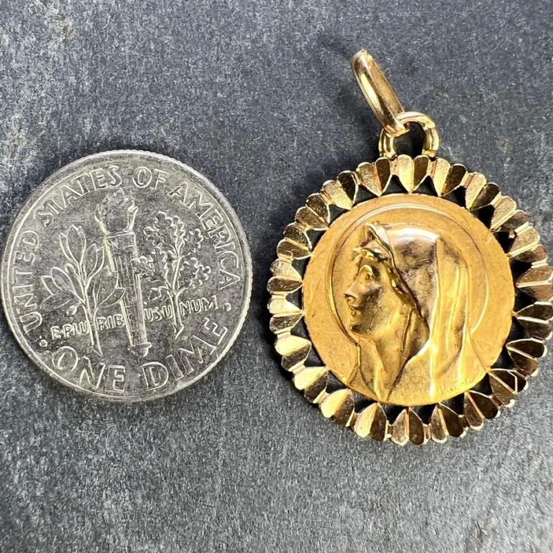 Clearance Pamono French Virgin Mary Heart Frame 18k Yellow Gold Medal Charm Pendant by Perroud, 1940s