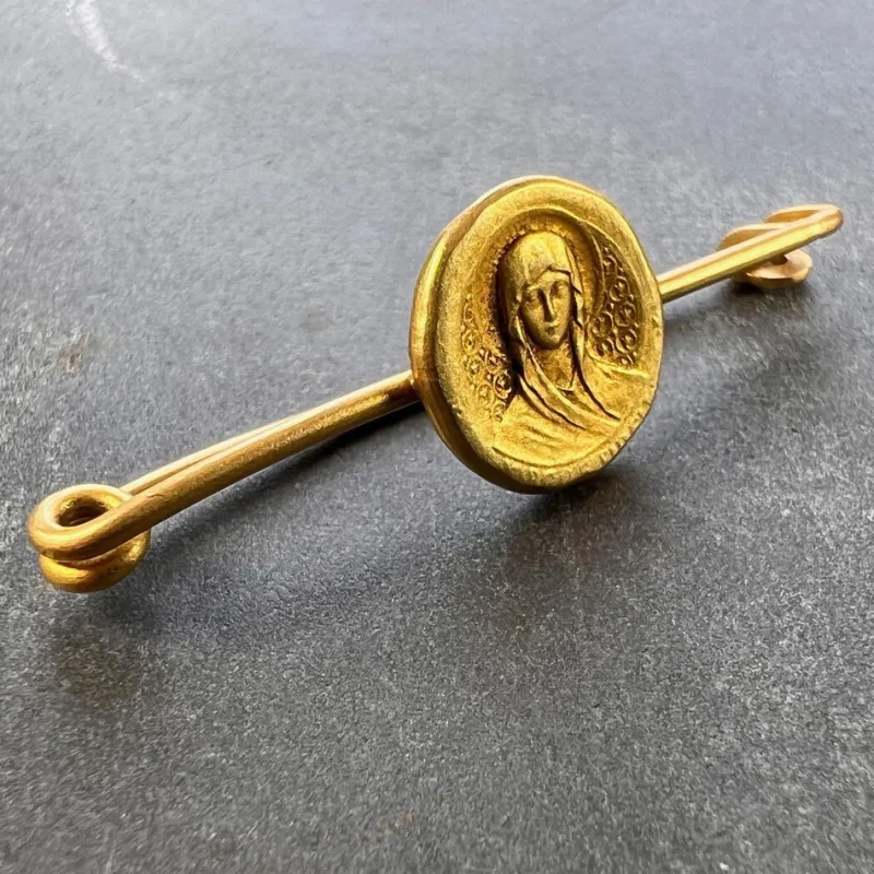 Pamono French Virgin Mary Medal Safety Pin 18k Yellow Gold Charm Brooch, 1920s> Brooches