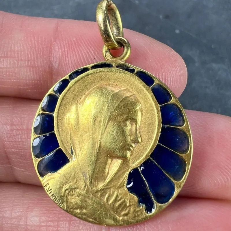 Online Pamono French Virgin Mary Plique a Jour Enamel 18k Yellow Gold Charm Pendant by Vernon, 1890s