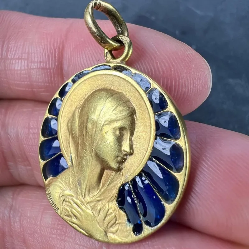 Online Pamono French Virgin Mary Plique a Jour Enamel 18k Yellow Gold Charm Pendant by Vernon, 1890s
