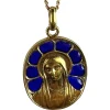 New Pamono French Virgin Mary Plique a Jour Enamel 18k Yellow Gold Pendant Medal from Pierly, 1920s