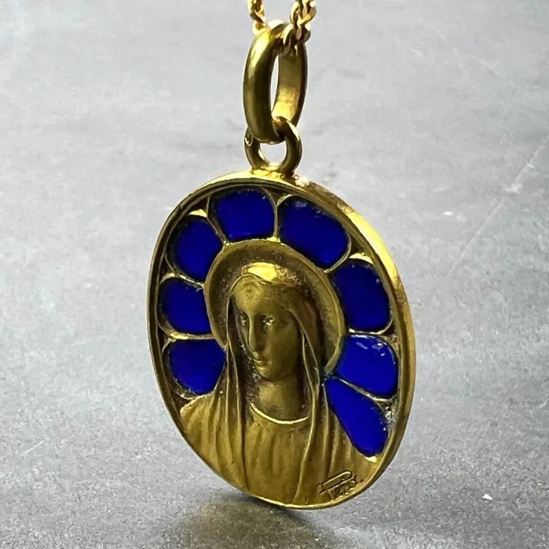 New Pamono French Virgin Mary Plique a Jour Enamel 18k Yellow Gold Pendant Medal from Pierly, 1920s