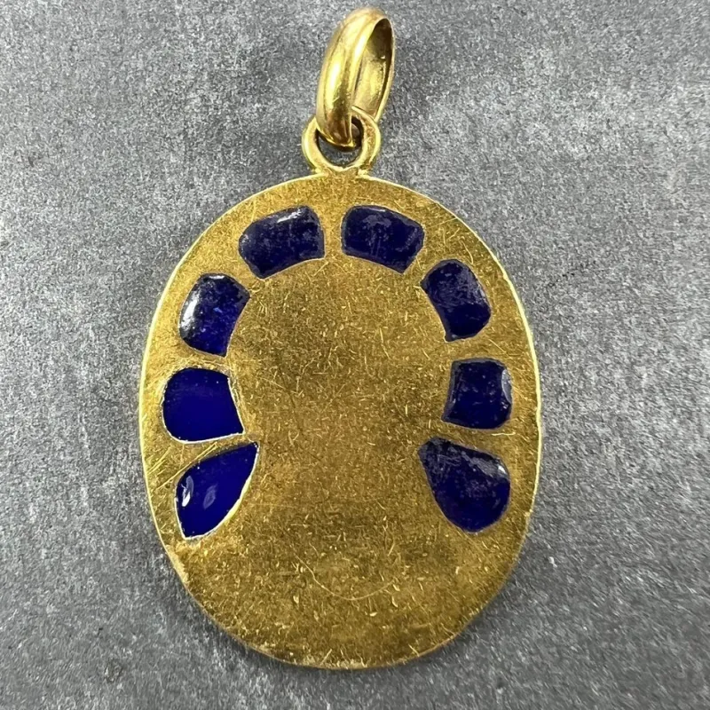 New Pamono French Virgin Mary Plique a Jour Enamel 18k Yellow Gold Pendant Medal from Pierly, 1920s