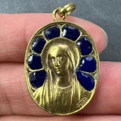 New Pamono French Virgin Mary Plique a Jour Enamel 18k Yellow Gold Pendant Medal from Pierly, 1920s