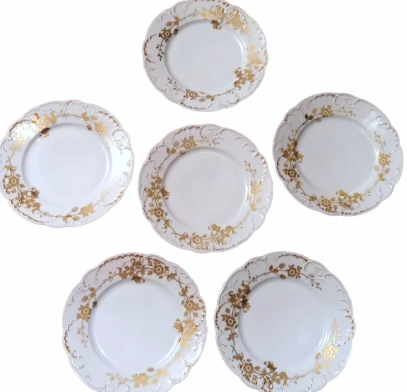 Hot Pamono French White Porcelain Plates with Gilt Decor from Haviland, Limoges, 1902, Set of 6