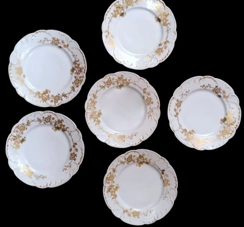 Hot Pamono French White Porcelain Plates with Gilt Decor from Haviland, Limoges, 1902, Set of 6