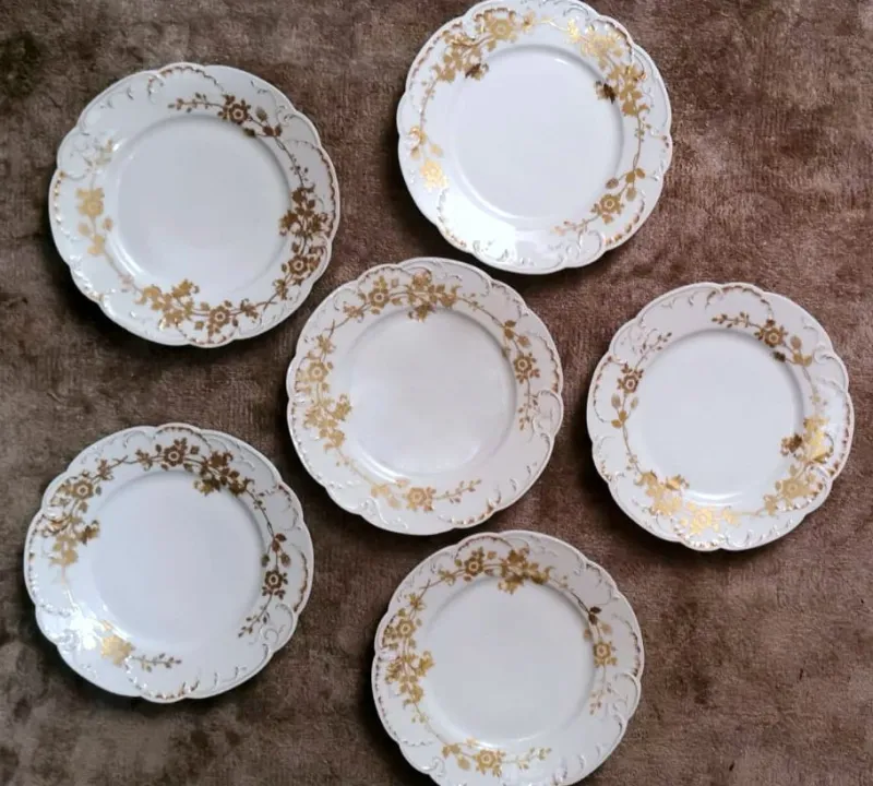 Hot Pamono French White Porcelain Plates with Gilt Decor from Haviland, Limoges, 1902, Set of 6