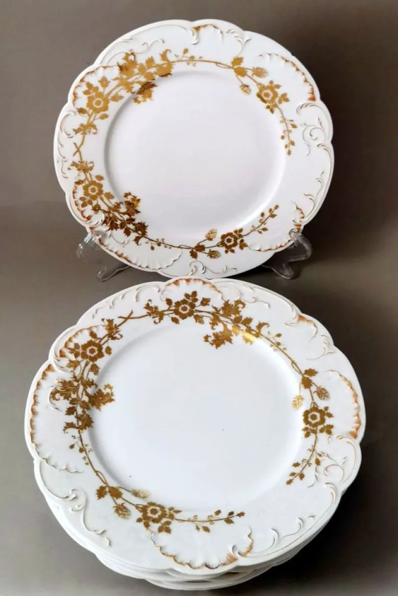 Hot Pamono French White Porcelain Plates with Gilt Decor from Haviland, Limoges, 1902, Set of 6