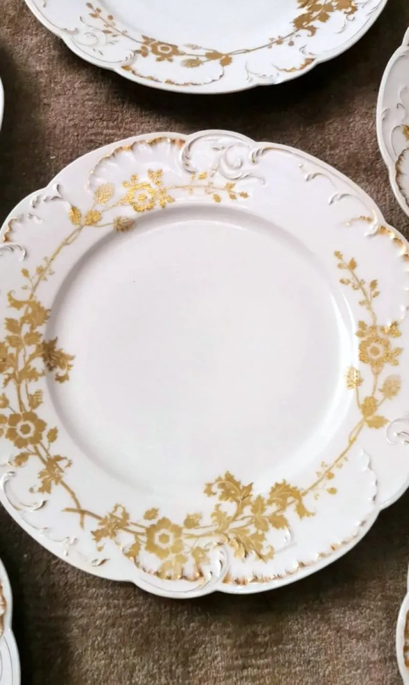 Hot Pamono French White Porcelain Plates with Gilt Decor from Haviland, Limoges, 1902, Set of 6